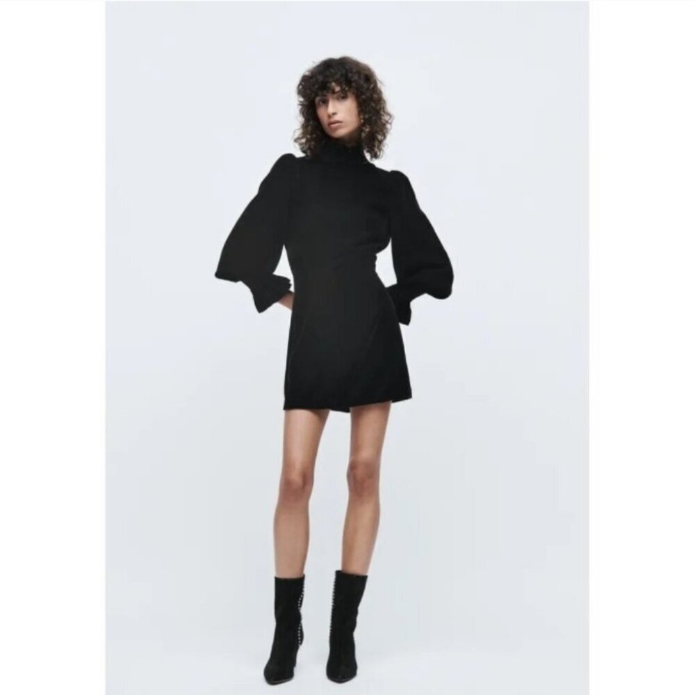 Black Puff-Sleeve Mini Dress with High Neck